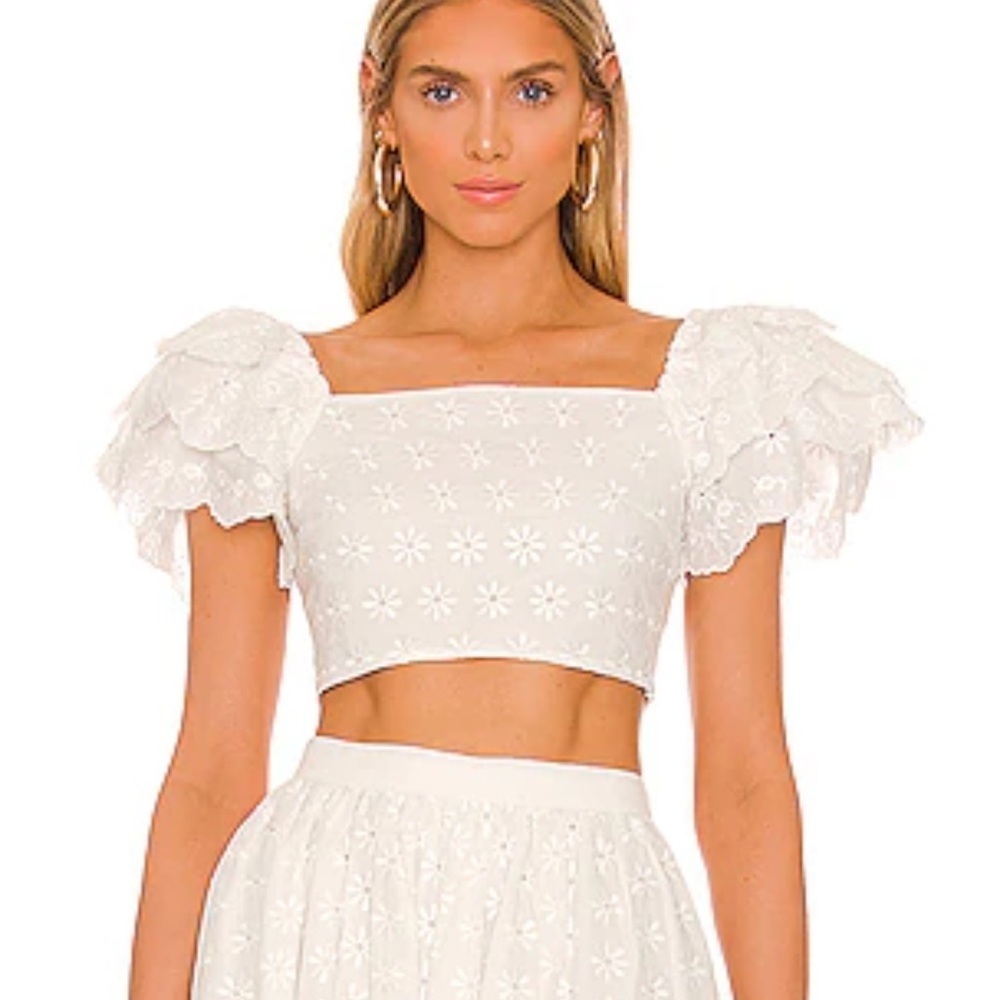 Caroline Constas Top Womens Small Estelle Crop Floral Ruffled Sleeves Blouse B12